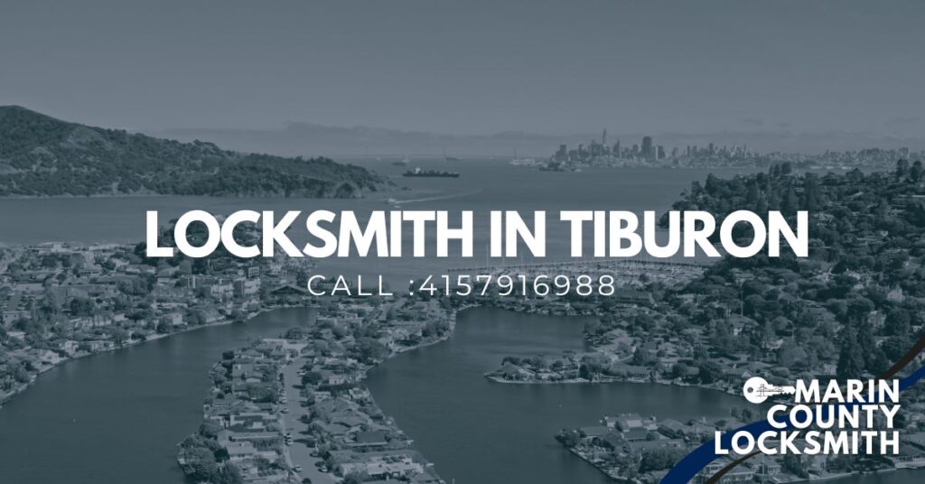 Aerial view of Tiburon, California with the San Francisco skyline in the background, featuring text “Locksmith in Tiburon” and the Marin County Locksmith logo, representing locksmith services available in the Tiburon area.