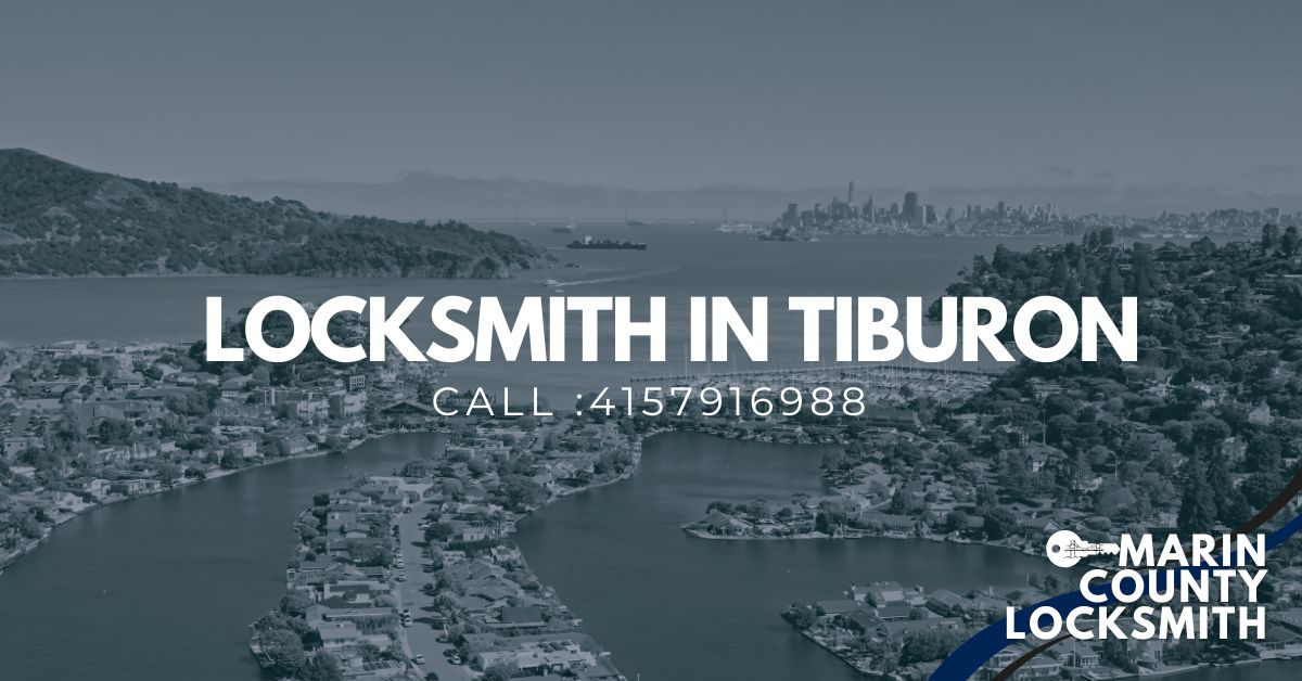 Aerial view of Tiburon, California with the San Francisco skyline in the background, featuring text “Locksmith in Tiburon” and the Marin County Locksmith logo, representing locksmith services available in the Tiburon area.